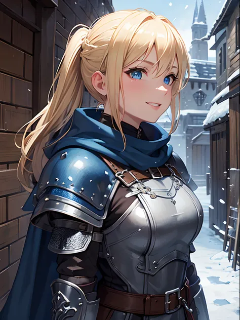 Close up, fantasy world, snow, medieval back alley, adult woman, happy expression, smug, blonde hair tied back, muscular, chainmail, baggy blue clothing, medieval armour, leather elbow guards, leather, large brown cloak