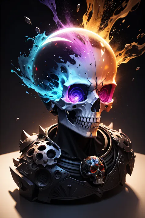 a multi-colored realistic glass skull that explodes into pieces