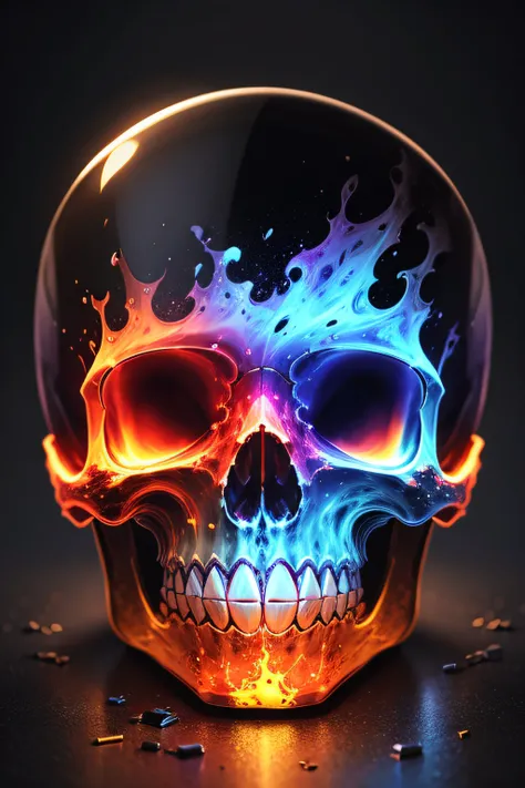 a multi-colored realistic liquid glass skull that explodes into multiple pieces