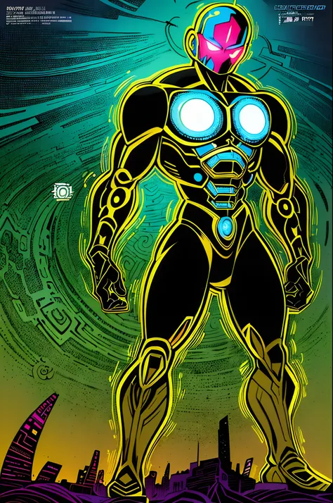 superhero, standing, solo, full body, dark, mysterious, surreal, powerful, dramatic lighting, intense colors, comic book style, 60s,methurlant intricate surreal gritty atmospheric cinematic stylized contrast comic eerie cybernetic futuristic