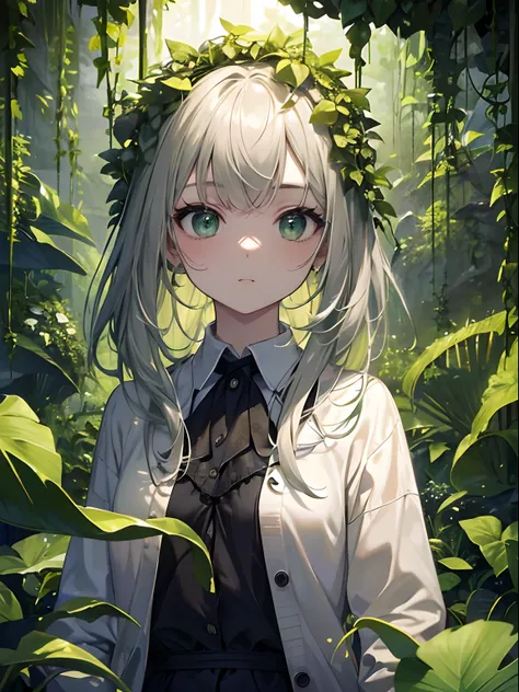 (Masterpiece, Best quality, ultra high resolution),1girl,(plant girl, vines),beautiful and detailed face, detailed eyes, white shirt,cardigan,(grey and green theme),in a dark cave full of plants