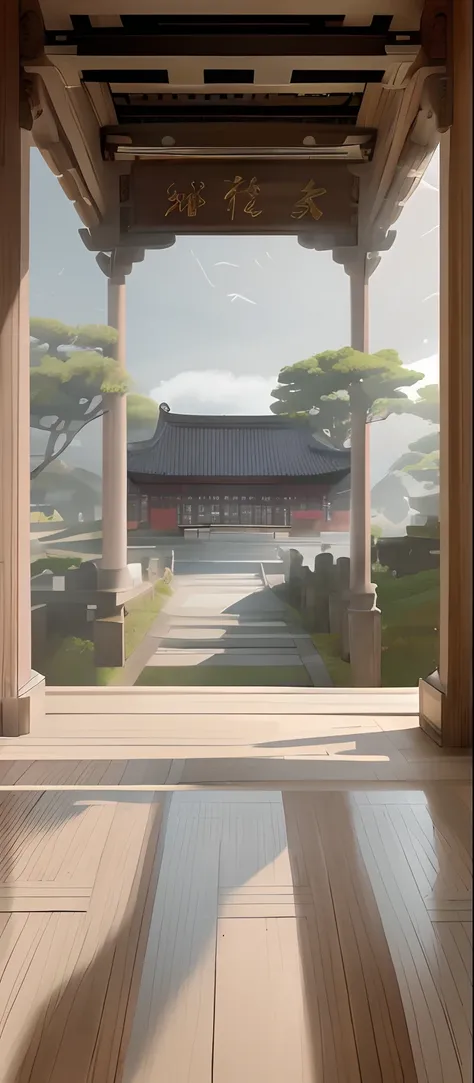 There is a picture of a building with many columns, Architectural background of the ancestral hall in the middle，, inspired by senior environment artist, akihiko yoshida. illusory engine, japanese temples, Anime landscape concept art, Inspired by Feng Zhu