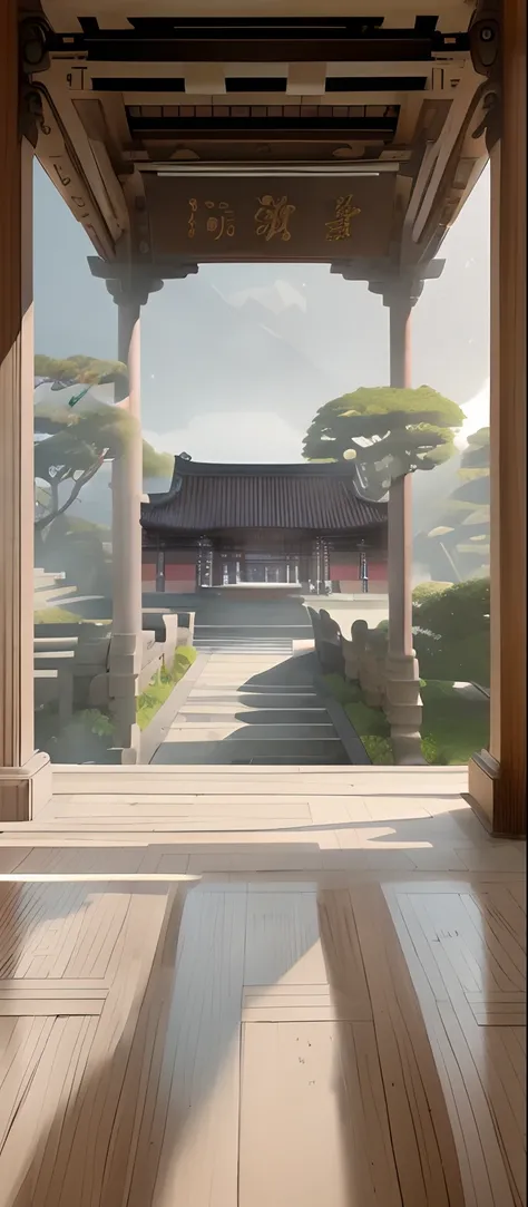 There is a picture of a building with many columns, Architectural background of the ancestral hall in the middle，, inspired by senior environment artist, akihiko yoshida. illusory engine, japanese temples, Anime landscape concept art, Inspired by Feng Zhu