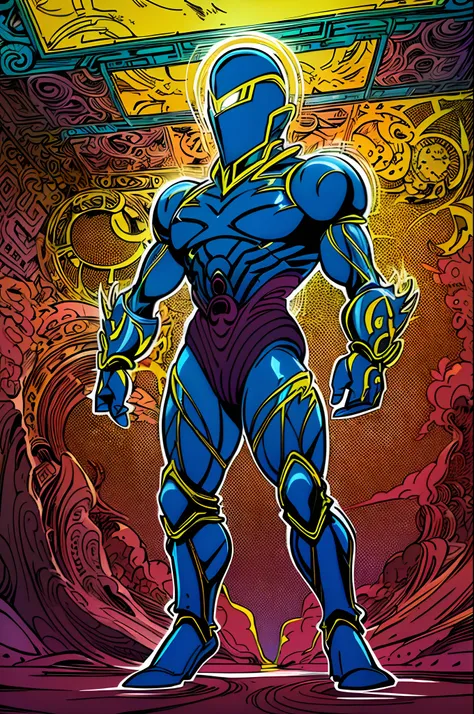 weird edgy superhero, standing, solo, full body, dark, mysterious, surreal, powerful, dramatic lighting, intense colors, comic book style, 60s,methurlant intricate surreal gritty atmospheric cinematic stylized contrast comic eerie cybernetic futuristic, el...