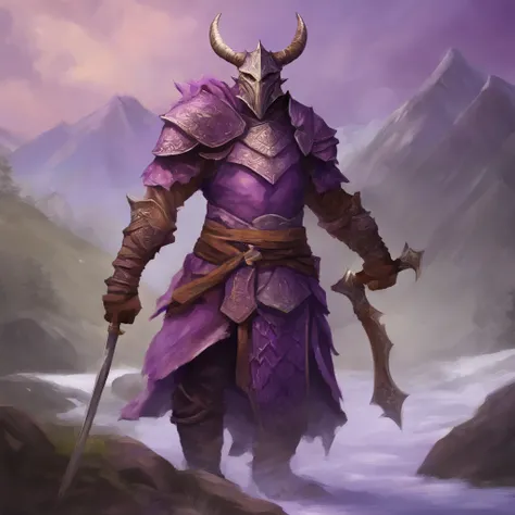 Dragonborn, usando armadura, The colors are mostly purple and silver, master part, best quality