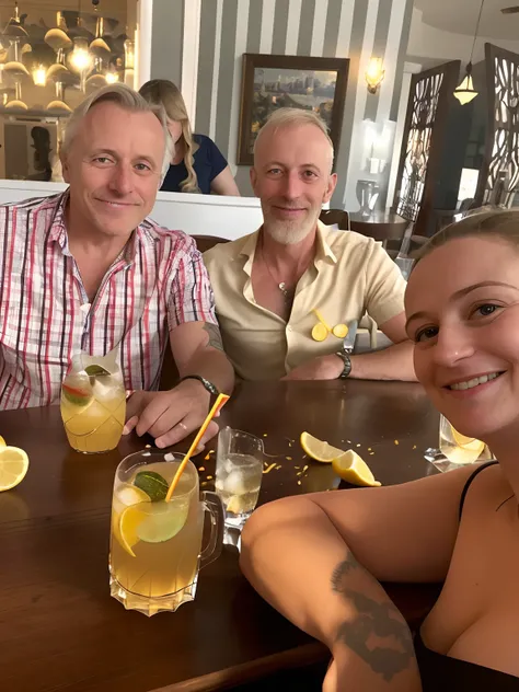 there are three people sitting at a table with drinks and lemon slices, vacation photo, profile image, photo taken in 2 0 2 0, profile pic, taken in the early 2020s, having a good time, family photo, barabas miklos and hollosy simon, not blurry, people dri...