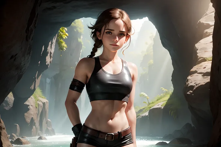 teen Emma Watson as a Lara Croft inside a cavern. leather shorts, crop top. slender body. cute smile. creek.