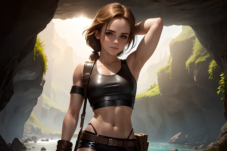 teen Emma Watson as a Lara Croft inside a cavern. leather shorts, crop top. slender body. cute smile. creek.