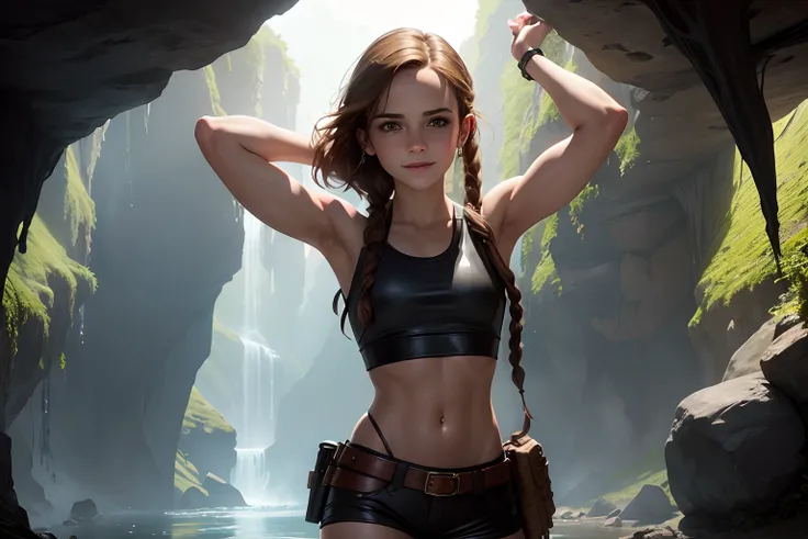 teen Emma Watson as a Lara Croft inside a cavern. leather shorts, crop top. long braided hair. slender body. cute smile. creek.