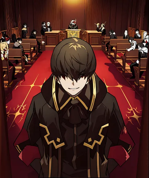 Anime character in a courtroom with a crowd of people, Anime de hoje ainda em destaque, de overlord, em uma sala do trono, Da Cryptid Academia, sentado em um trono dourado, Arte Oficial, guilty gear strive graphics, Arte digital de Danganronpa, Anime Terra...