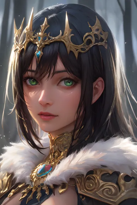 (realistic, painting_style), mature, woman, dark skin, ornate fantasy armor, long hair, black hair, beautiful hair, green eyes, masterpiece, best quality, portrait, close up, volumetric lighting, looking at viewer, dark forest,