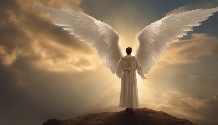 There is a painting of an angel with wings in the sky, Anjo majestoso de corpo inteiro homem, vestido com roupas brancas e vermelhas, biblical accurate angel, Arcanjo Gabriel, anjo protegendo em guarda, angel spirit guide, angelic, Arcanjo Gabriel, homem, ...