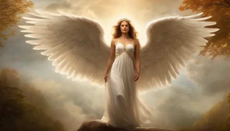 There is a painting of an angel with wings in the sky, Anjo majestoso de corpo inteiro homem, vestido com roupas brancas e vermelhas, biblical accurate angel, Arcanjo Gabriel, anjo protegendo em guarda, angel spirit guide, angelic, Arcanjo Gabriel, homem, ...