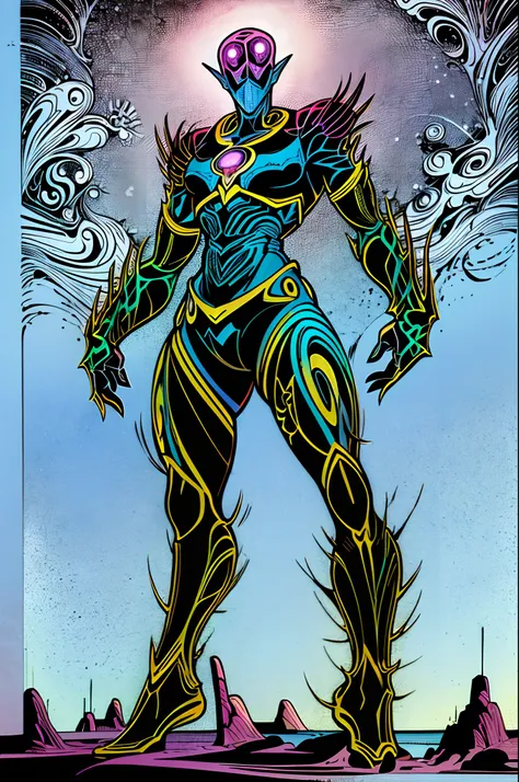 weird edgy superhero, standing, solo, full body, dark, mysterious, surreal, powerful, dramatic lighting, intense colors, comic book style, 60s,methurlant intricate surreal gritty atmospheric cinematic stylized contrast comic eerie cybernetic futuristic, bi...