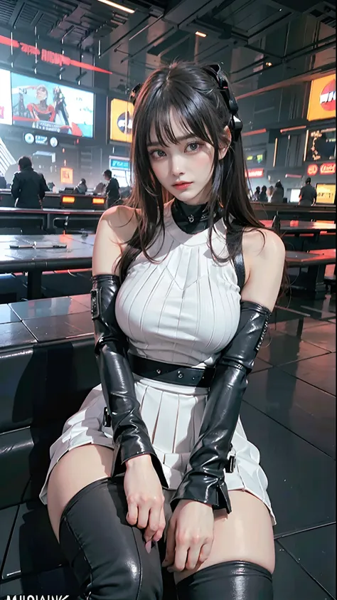 ((best quality)), ((masterpiece)), (high definition:1.3), 3d, beautiful (cyberpunk:1.3) colored hair, black clothes looking at c...