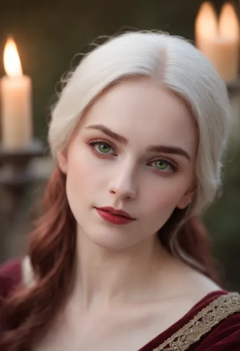 (((A deep reddish wound crosses her left cheek))) Fair complexion, Female about 19 years old, natural white hair, Distinctive green eyes, Wearing Kohl, slender and graceful, Beautiful, Candles in a medieval setting, ultra sharp focus, realistic shot, Medie...