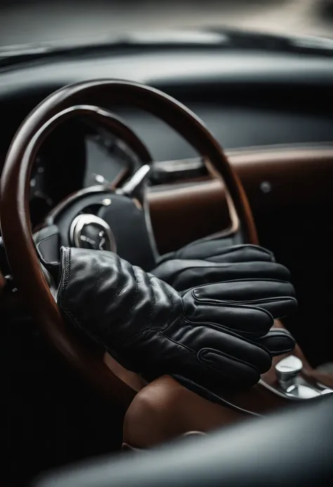 Variety of gloves arranged, texture microfibre, design ergonomique, Wearing the model by hand, entretien automobile, Gripping tools, Stylish yet functional, Close-up detail.