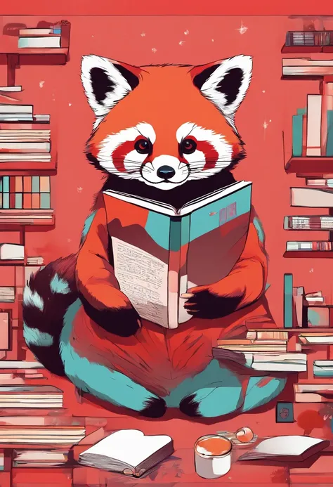 Wes anderson style red panda, reading a book, super cute, detailed and beautiful colors.