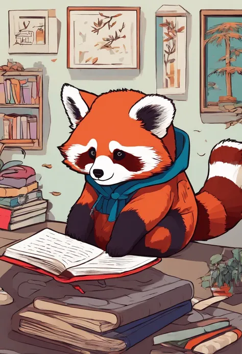 Wes anderson style red panda, reading a book, super cute, detailed and beautiful colors.