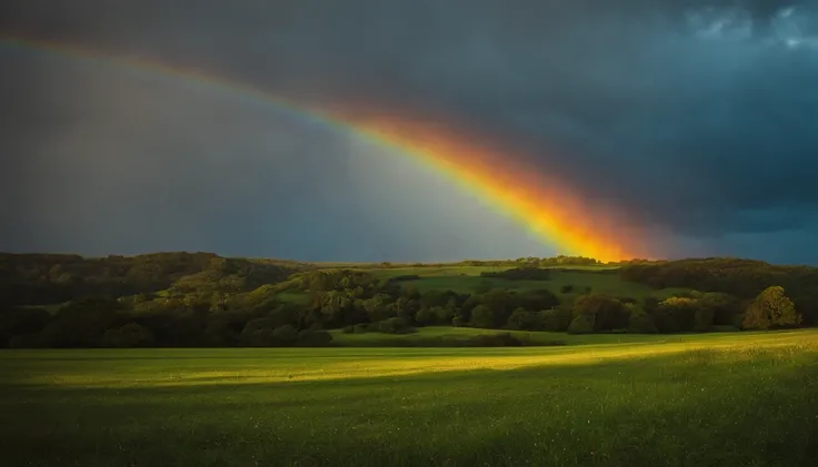 Photo of a glowing rainbow stretching across the sky after rain, simbolizando a promessa de Deus