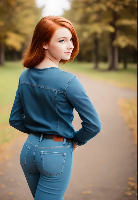 Photo realistic young girl with auburn hair in tight jeans standing with back to the camera.