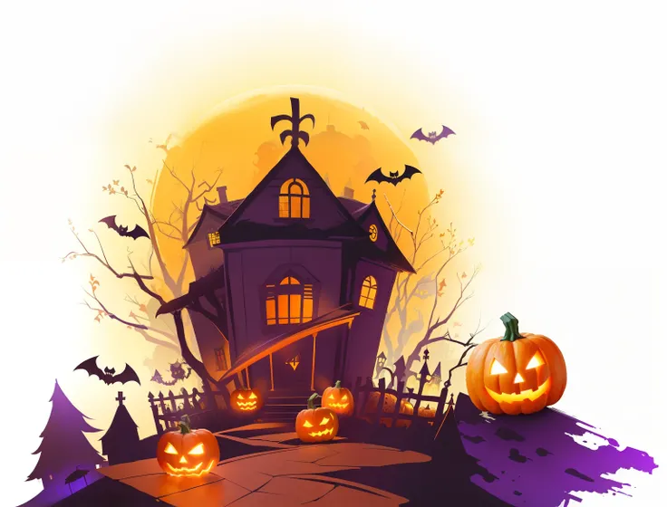 A cartoon Halloween house with pumpkins and bats on the front, tema dia das bruxas, halloween celebration, Tema assustador de Halloween, cena de dia das bruxas, Noite de Halloween, haunted house themed, dia das bruxas, fundo assombrado, estilo de arte de d...