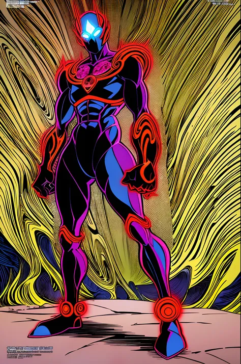 weird edgy superhero, standing, solo, full body, dark, mysterious, surreal, powerful, dramatic lighting, intense colors, comic book style, 60s,methurlant intricate surreal gritty atmospheric cinematic stylized contrast comic eerie cybernetic futuristic, bi...