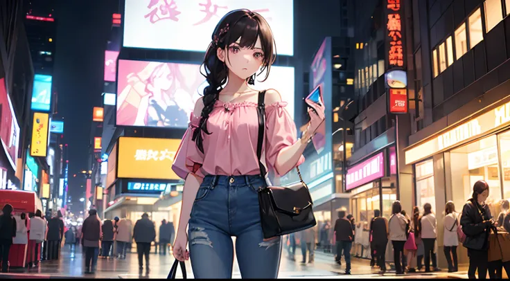 A woman holding a smartphone in her hand(A dark-haired、Braided hair、Loosely tied in two、Wearing a shoulder bag、Pink blouse、Wearing denim jeans、Lowered eyebrows、angry looking face）、background is city at night