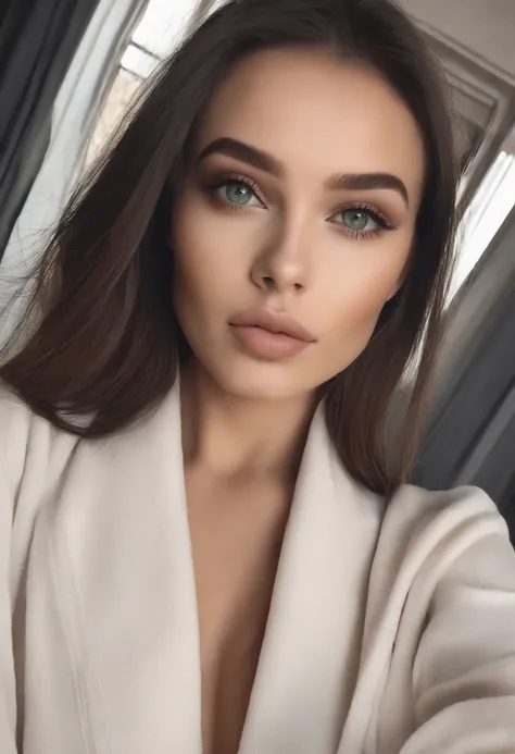 Femme japonaise, fille sexy aux yeux verts, Portrait Sophie Mudd, cheveux bruns et grands yeux, selfie of a young woman, Yeux de chambre, Violet Myers, sans maquillage, maquillage naturel, looking straight at camera, Visage avec Artgram, Maquillage subtil,...