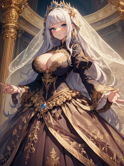 ((anime artstyle)),(Masterpiece),(Best Quality), (Super Detail),((Very Delicate and Beautiful)),cinematic lighting,1 girl,(((full body portrait))),standing in palace,((solo)),digital art,(((1 princess in beautiful embroidery and jeweled gorgeous princess r...