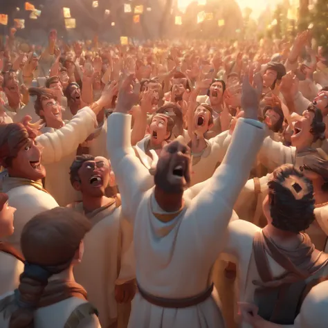 An image of Bartimaeus shouting with his hands outstretched toward Jesus as the surrounding crowd watches him. Disney stylo 3d