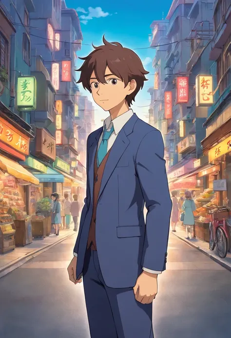 Cute 37-year-old man in anime in city suit, Without glasses