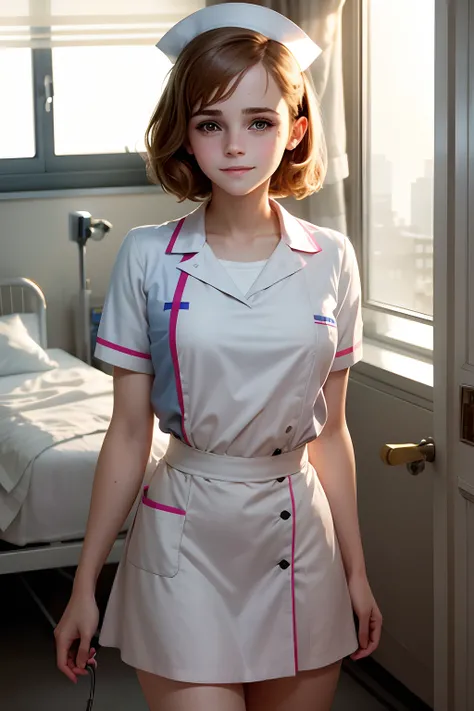 teen Emma Watson as a cute nurse in a hospital ward. cute smile.