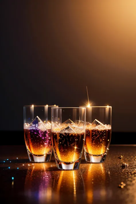 crystal glasses lined up on a table explode with a bullet, its magnificent and mesmerizing. The lights are magnificent and of several colors because of the reflections on the glass