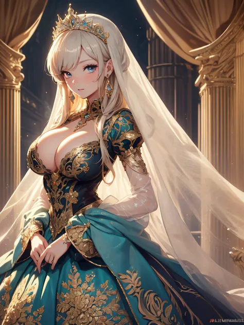 ((anime artstyle)),(Masterpiece),(Best Quality), (Super Detail),((Very Delicate and Beautiful)),cinematic lighting,1 girl,(((full body portrait))),((solo)),digital art,(((1 princess in beautiful embroidery and jeweled gorgeous princess rococo ballgown with...