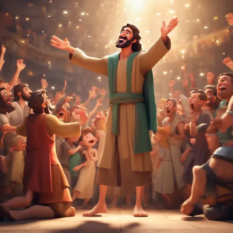 An image of Bartimaeus shouting with his hands outstretched towards Jesus while the crowd around him watches him with an expression of admiration and happiness. Disney style