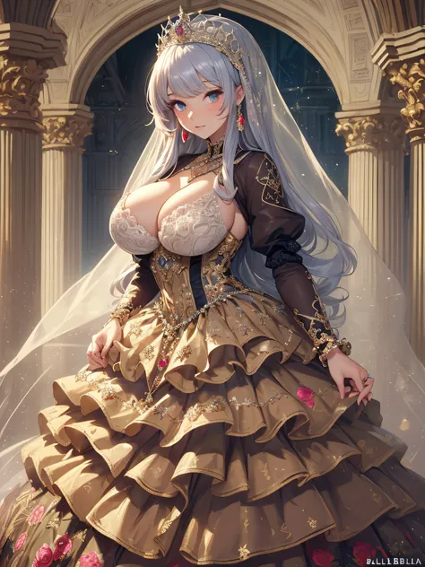 ((anime artstyle)),(Masterpiece),(Best Quality), (Super Detail),((Very Delicate and Beautiful)),cinematic lighting,1 girl,(((full body portrait))),((solo)),digital art,(((1 princess in beautiful embroidery and jeweled gorgeous princess rococo ballgown with...