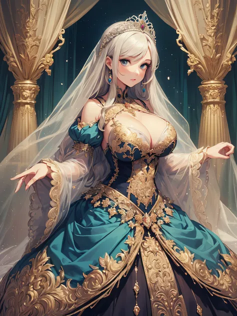 ((anime artstyle)),(Masterpiece),(Best Quality), (Super Detail),((Very Delicate and Beautiful)),cinematic lighting,1 girl,(((full body portrait))),((solo)),digital art,(((1 princess in beautiful embroidery and jeweled gorgeous princess rococo ballgown with...