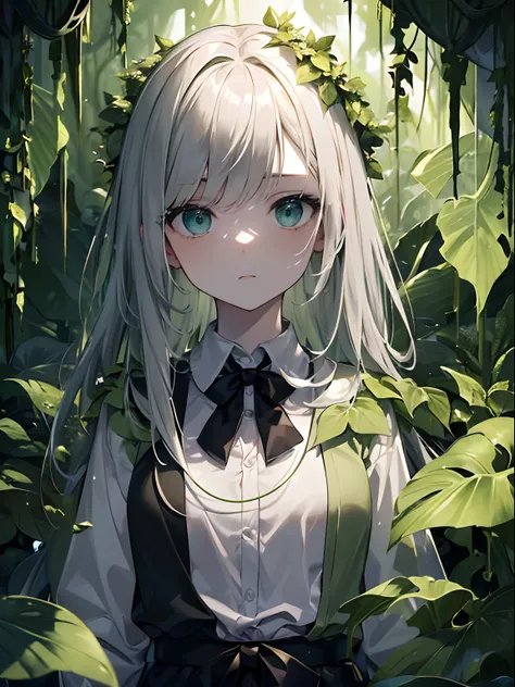 (Masterpiece, Best quality, ultra high resolution),1girl,(plant girl, vines),beautiful and detailed face, detailed eyes, white shirt,cardigan,(grey and dark green theme),in a dark cave covered with withered plants