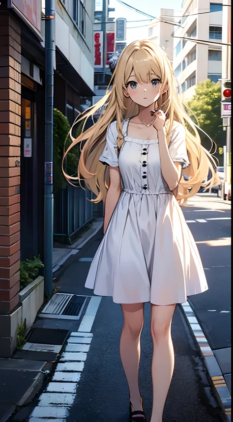 street corner photo ((Miyuki)) blonde long hair, cute girl, white one piece dress