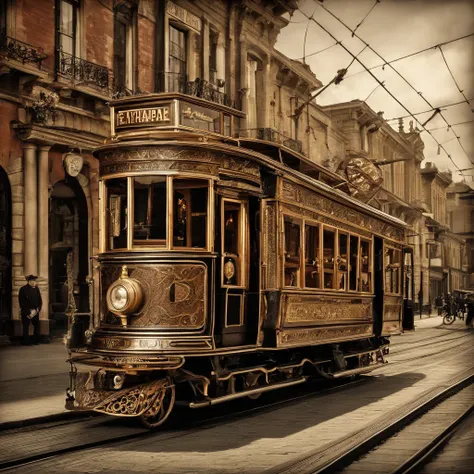 Steampunk tram in historic steampunk city, grande travessia, Hora de Ouro