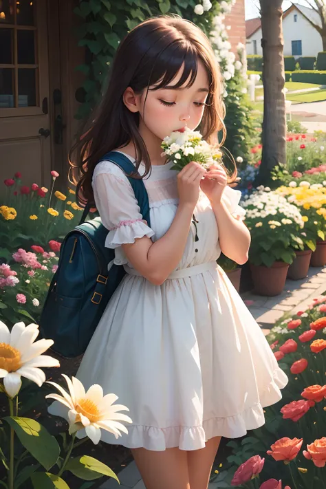 girl smelling flowers in a blooming garden