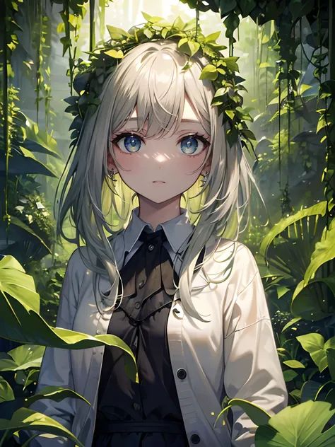 (Masterpiece, Best quality, ultra high resolution),1girl,(plant girl, vines),beautiful and detailed face, detailed eyes, white shirt,cardigan,(grey and green theme),in a dark cave full of plants