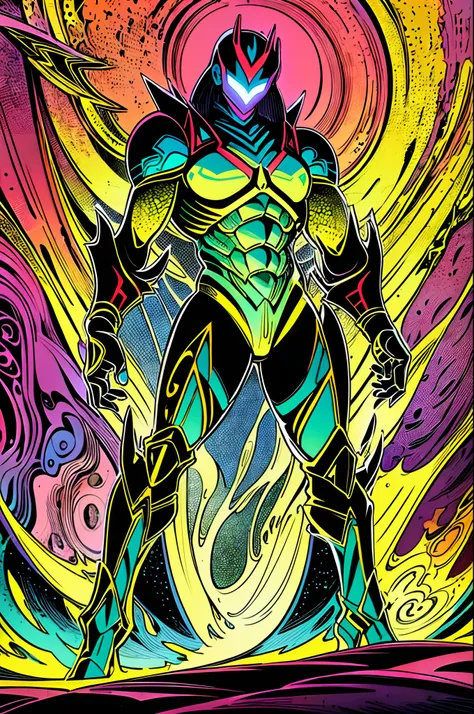 weird edgy superhero, standing, solo, full body, dark, mysterious, surreal, powerful, dramatic lighting, intense colors, comic book style, 60s,methurlant intricate surreal gritty atmospheric cinematic stylized contrast comic eerie cybernetic futuristic, bi...