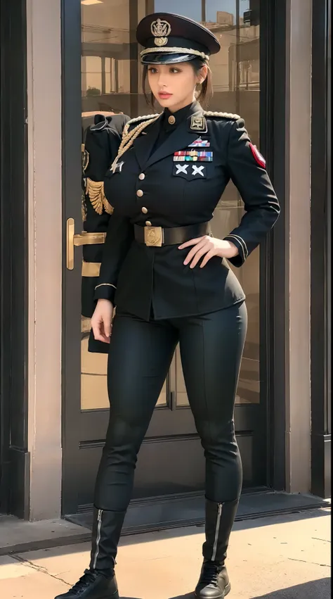 physically-based rendering, 1girl, female soldier, (huge fake breasts:1.2), (street city), sexy muscular body, slim waist, big b...