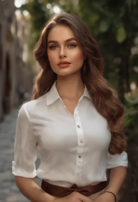 Best quality, ultra highres, (photoreallistic:1.4), 1fille, buttoned shirt, Jupe noire, school, dark brown hair, poitrine, (cheveux blonds:1.2), Regarder le spectateur, (high detail face:1.1),,  (pureerosface_v1:0.8),TikTok,