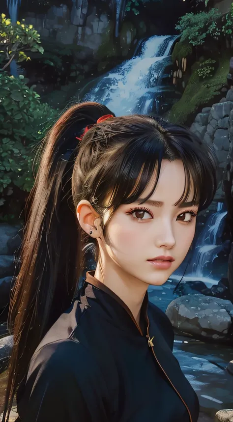 Masterpiece, beast quality, Sango, photorealistic, black hair, ponytail hair, makeup (hyperrealistic:1.2), perfect eyes, perfect face, perfect lighting, 1girl, outdoors, warm colors, sit, ((Waterfall background:1.1)) sunset, natural color, high contrast