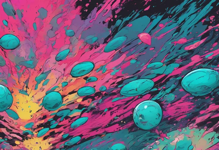 Aqua Protection, colors are black neon teal and splashes of pink, paint splattered, eyeball, best quality, masterpiece