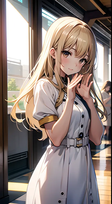 ((Miyuki)) blonde long hair, cute girl, white one piece dress with short sleeves, waving