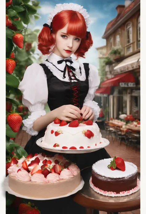 Promotional photo, the place is a coffee shop, 1 girl, 16-year-old face, waitress carrying cake to the table, red-haired twin tails, gentle face, half costume of gothic lolita and maid costume with the image of strawberries, clothes based on white,